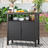 YITAHOME Outdoor Storage Cabinet, Patio Bar Table with Two Doors and Shelves, Weatherproof Wicker Storage Console Table for Outdoor Cushions, Pool Toys and Garden Potting - Black YITAHOME