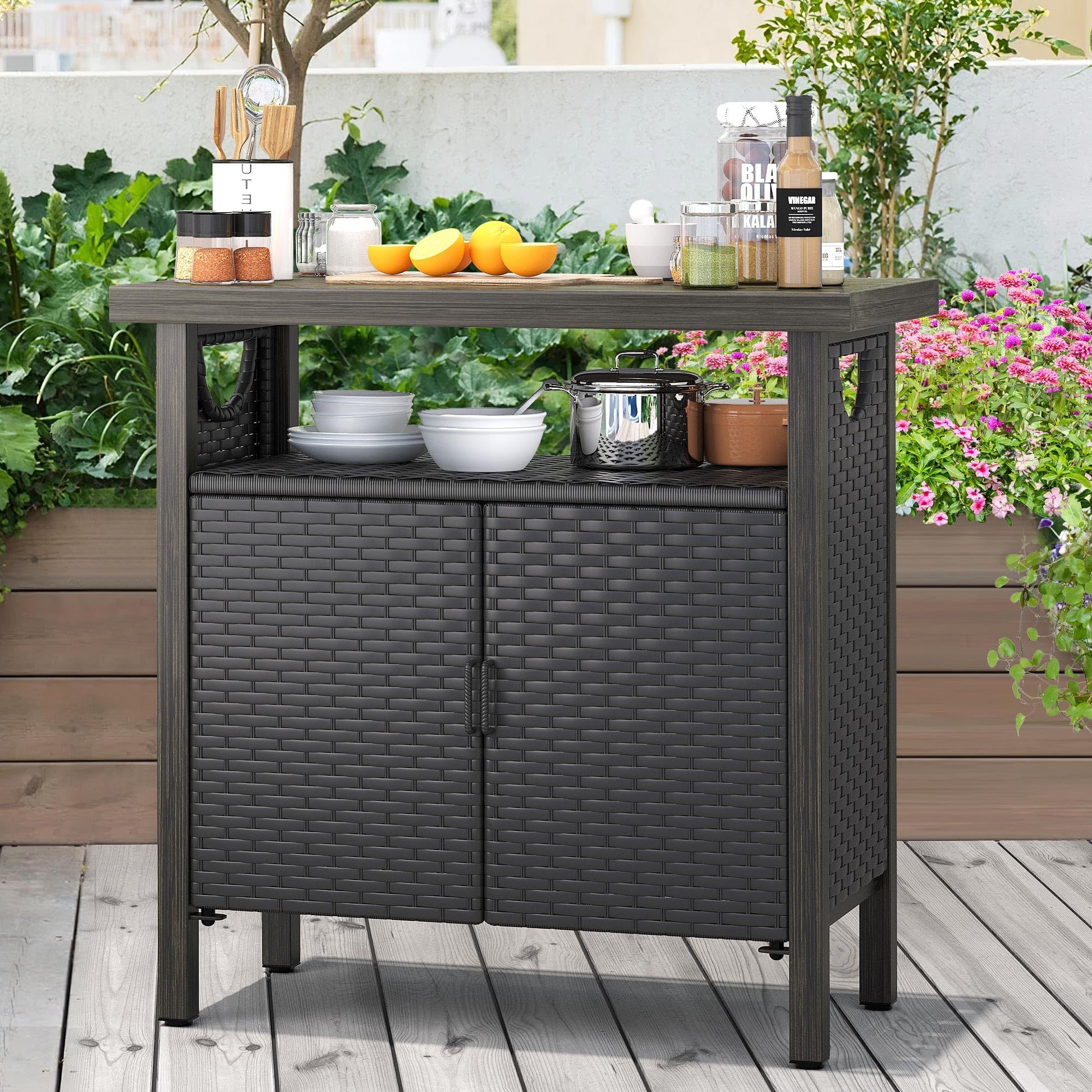 YITAHOME Outdoor Storage Cabinet, Patio Bar Table with Two Doors and Shelves, Weatherproof Wicker Storage Console Table for Outdoor Cushions, Pool Toys and Garden Potting - Black - WoodArtSupply