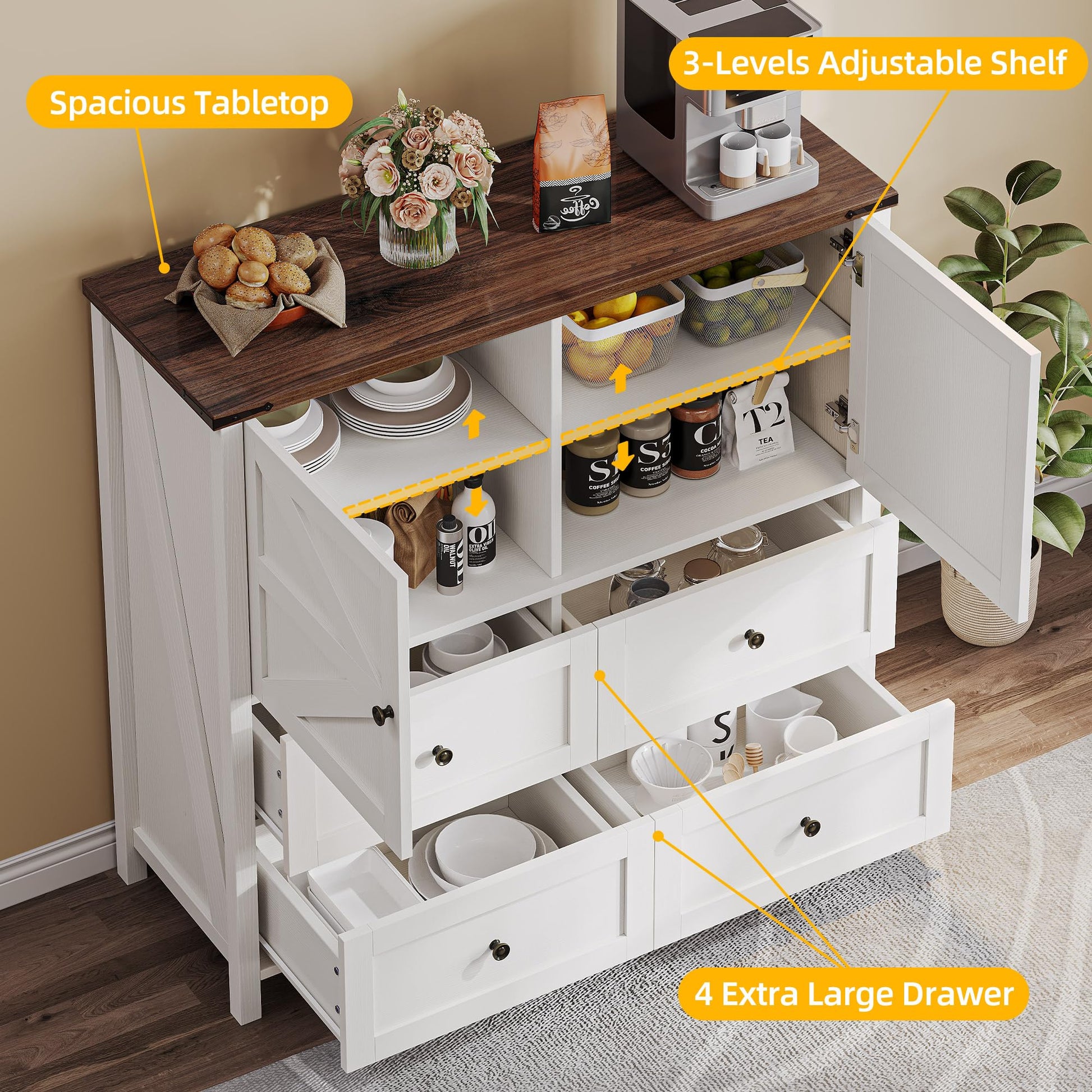 DWVO 4 Drawer Dresser - Farmhouse Chest of Drawers for Bedroom, 37" Tall Modern Dresser Cabinet Barn Doors with Adjustable Shelf, Wood Storage Organizer for Living Room, Hallway, Closet, Whit - WoodArtSupply