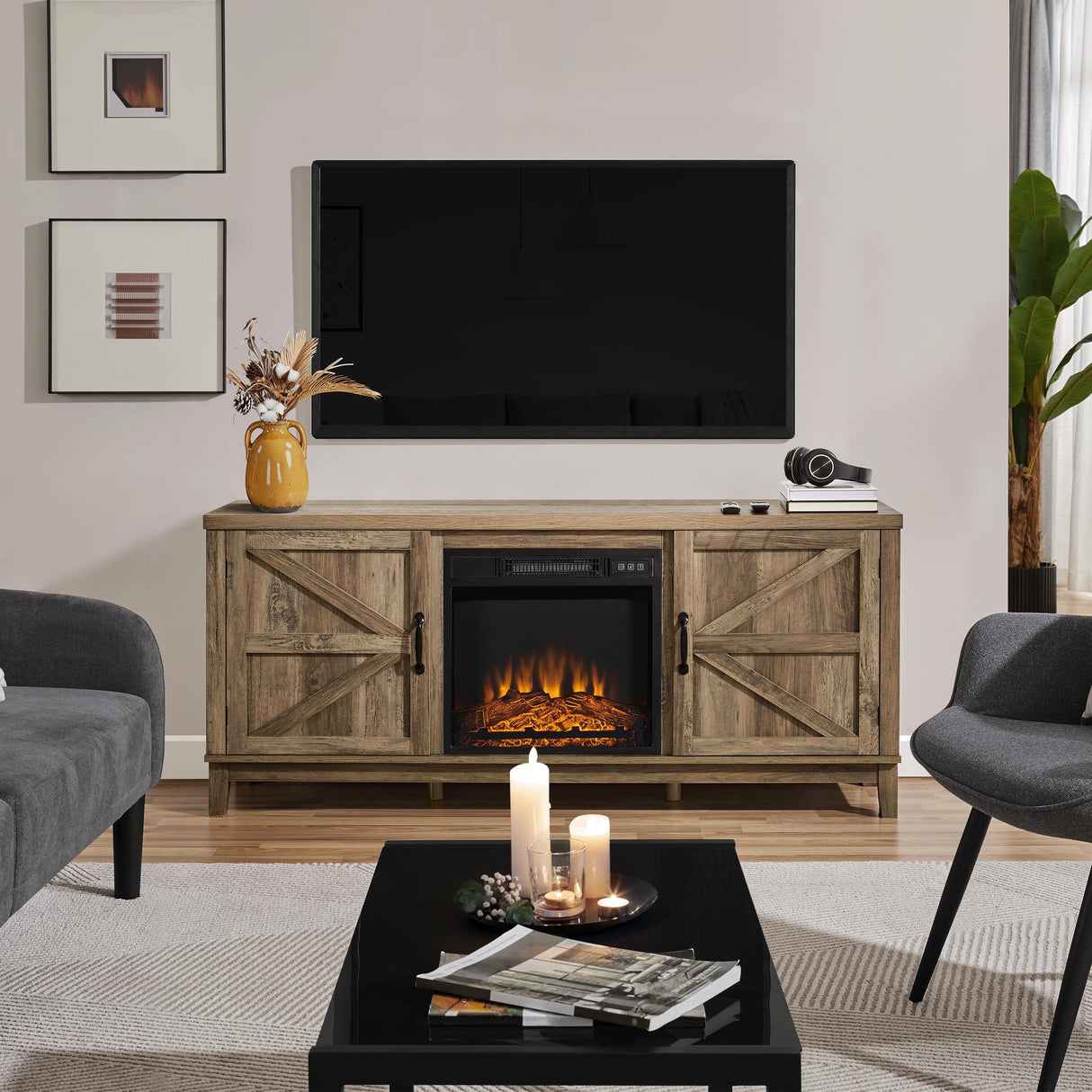 Yaheetech Entertainment Center with Storage, Farmhouse TV Stand for 65 Inch TVs, Wooden TV Console Cabinet with Barn Doors for Living Room, Rustic Oak Yaheetech