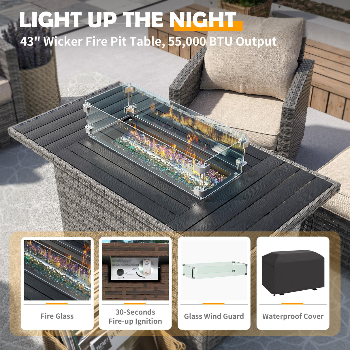 UDPATIO Patio Furniture Set with 44" Fire Pit Table, 6 Pieces Outdoor Sectional Conversation Sets, All-Weather Wicker Rattan Sofa Ottoman with 4" Thick Cushion for Garden Backyard Deck, Khaki UDPATIO