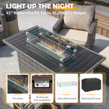 UDPATIO Patio Furniture Set with 44" Fire Pit Table, 6 Pieces Outdoor Sectional Conversation Sets, All-Weather Wicker Rattan Sofa Ottoman with 4" Thick Cushion for Garden Backyard Deck, Khaki UDPATIO