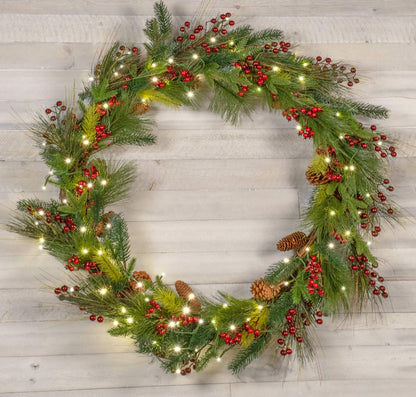 Red Co. 36” Light-Up Christmas Wreath with Pinecones & Evergreens, Battery-Operated LED Lights with Timer