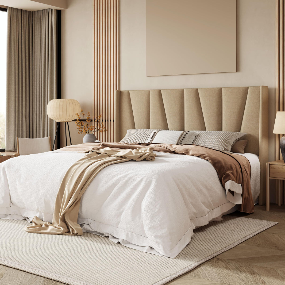 Allewie King Size Platform Bed Frame with Geometric Wingback Headboard, Modern Upholstered Bed with Wooden Slats Support, No Box Spring Needed, Easy Assembly, Beige Allewie