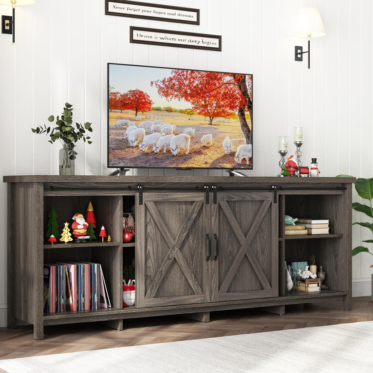 70In Farmhouse TV Stands for 70 75 80inch TV w/Adjustable Shelves,Sliding Barn Door.Rustic Wooden Entertainment Center,TV Console Grey Cabinet w/Storage for Bedroom Living Room(Dark Grey 70in) Elibeauty