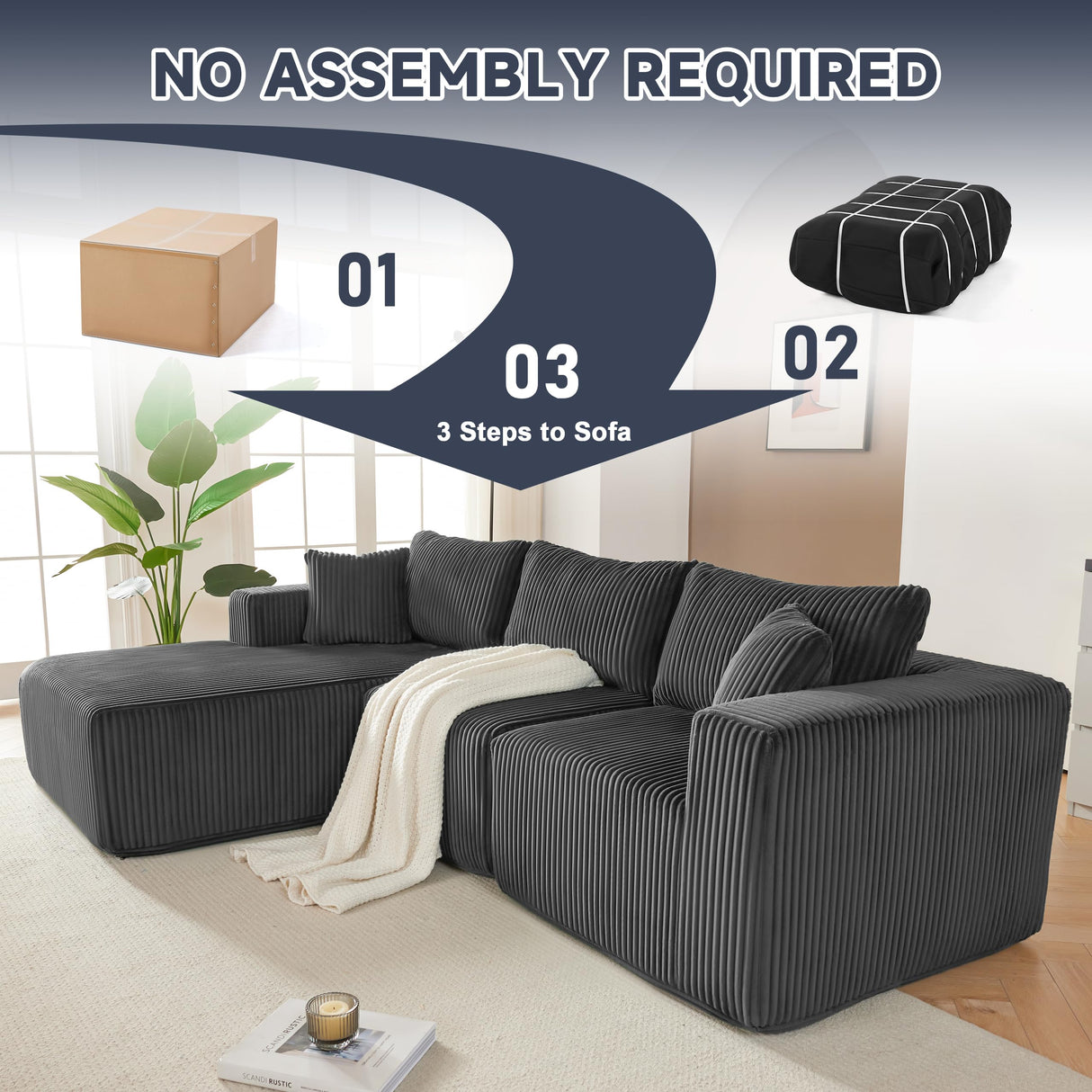 97" Boneless Couches for Living Room, Cloud Couch Sectional with Deep Seat, Comfy Couch with L-Shaped Chaise, Minimalist Upholstered Modular Sectional Sofa, No Assembly Required (Corduroy,Grey) Huatean Home