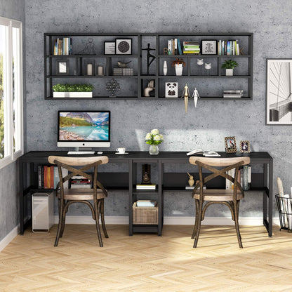 Tribesigns Rustic Double Desk with Bookshelf - 78.7 Inch Two-Person Computer Workstation in Black - WoodArtSupply