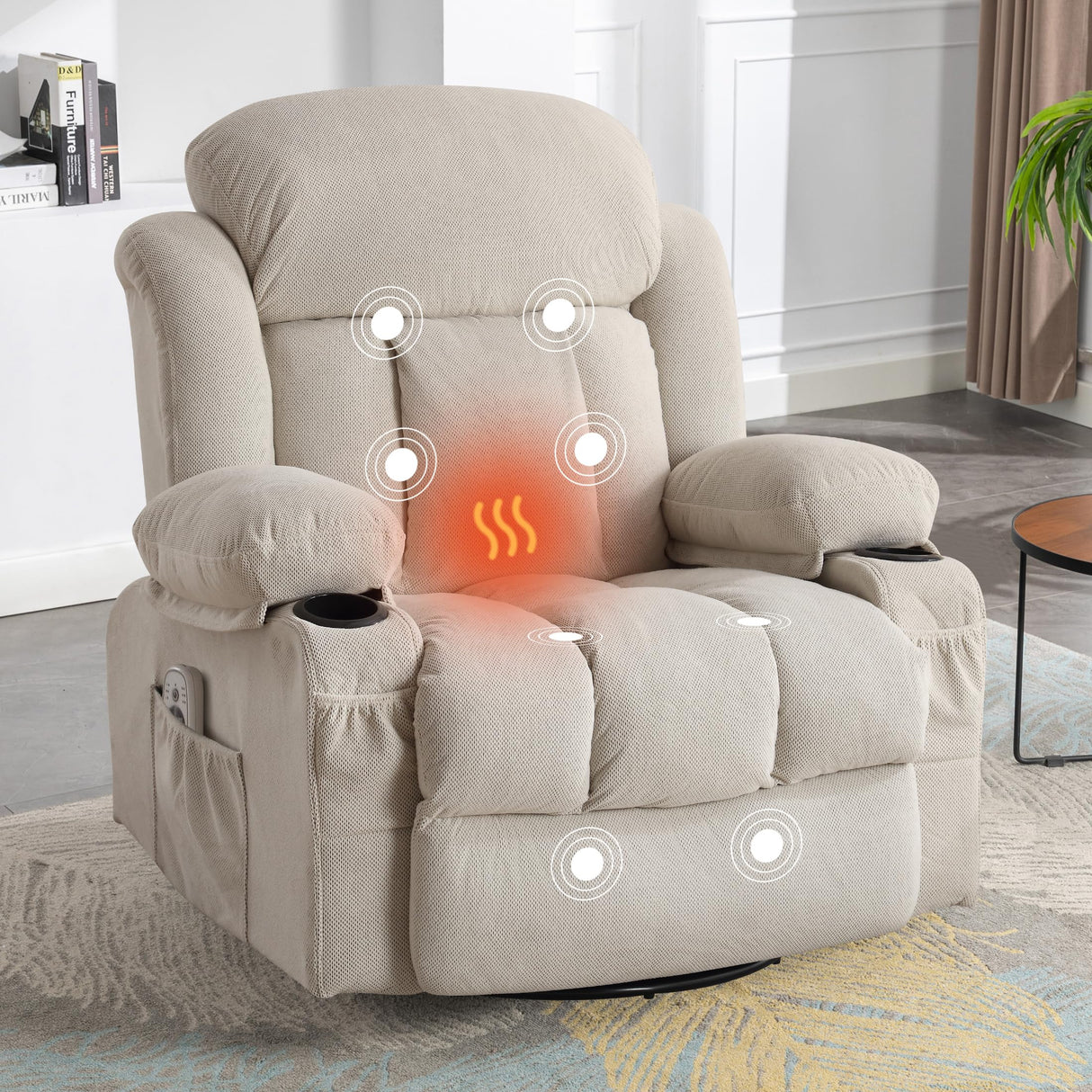 BOSMILLER Massage Recliner Chair, Swivel and Rocking Recliner with Heat and Vibration, Breathable Fabric Ergonomic Single Sofa Chair for Living Room with Cup Holders, Side Pockets BOSMILLER