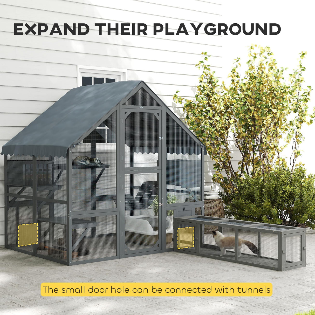 PawHut Large Catio Outdoor Cat Enclosure for Multiple Kittens, Wooden Cat House with Waterproof Cover, Walk in Kitty Cage Kennel with 2 Condos, 4 Platforms, Bridge, Doors, 73" x 55" x 74", Gray PawHut