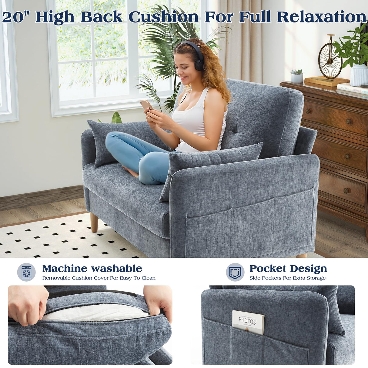 Hanherry Loveseat Sofa, 47” Small Couch for Living Room, Comfy Chenille Fabric Love Seat for Bedroom with Throw Pillow,Removable Cushion Cover,Couches for Small Space,Apartment,Dorm Hanherry