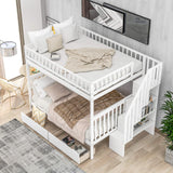 Full Over Full Bunk Beds with Drawers and Stairs Stairway Bunk Bed Frame with Storage Shelves for Kids Teens Adult, Wood Full Bunk Bed for Boys Girls Adults, White Bellemave