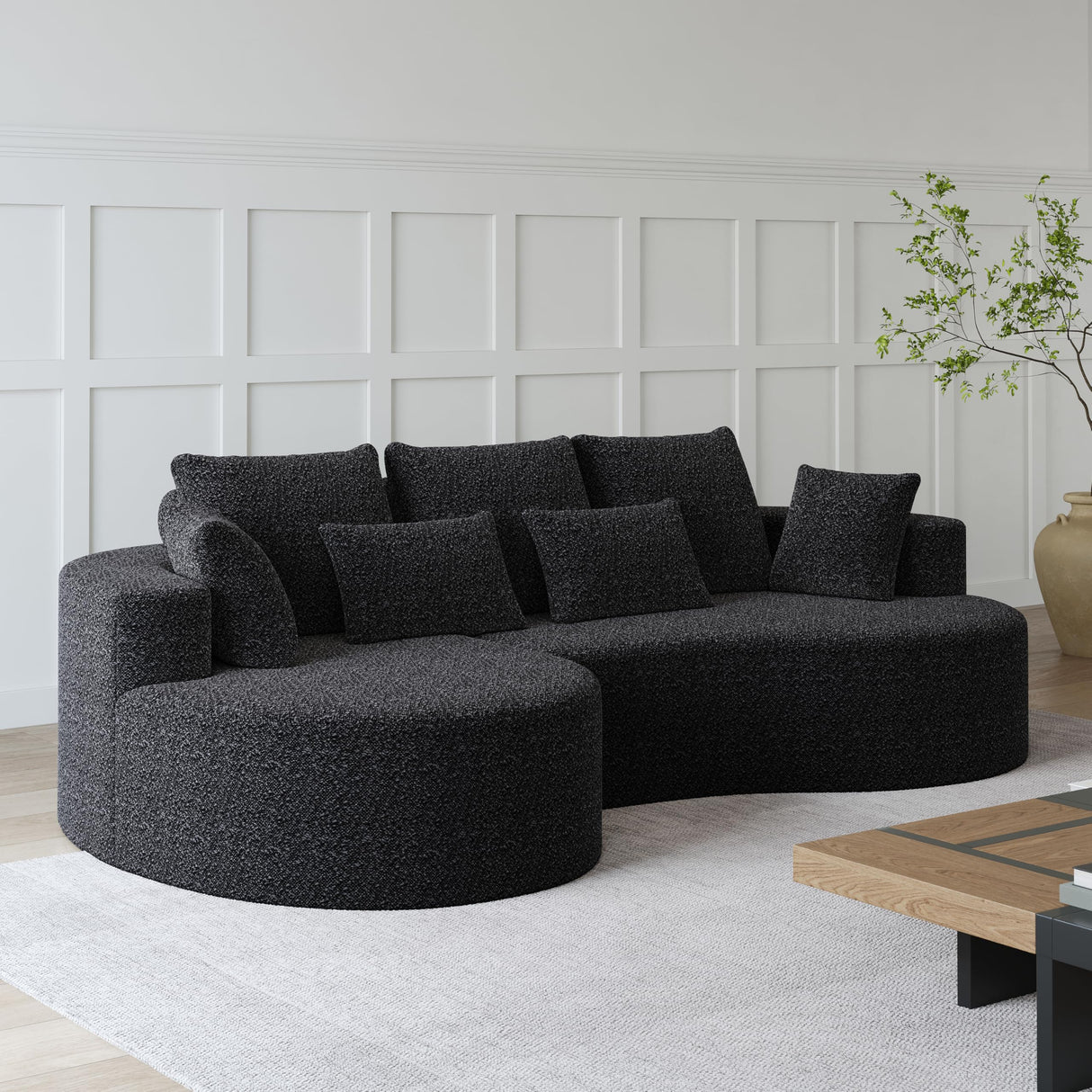 KEIKI 105" L Shaped Corner Couch with Chaise, Upholstered Curved Sectional Sofa, Chenille Sectional Couch for Living Room, Bedroom, Black KEIKI