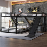 Twin XL Over Queen Bunk Bed Frame with Twin Size Loft Beds, Heavy Duty Triple Bunk Bed with Slide, Charging Station(USB Ports & Outlets), Metal Triple Bunk Beds with L-Shaped Desk Bellemave