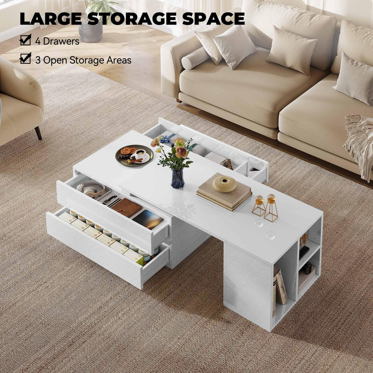 YITAHOME Coffee Table LED Coffee Table with 4 Storage Drawers, Extendable Coffee Tables for Living Room, Modern Wooden Rectangle Cocktail Table with Open Shelves & Sliding Tabletop 35"- 61", White YITAHOME