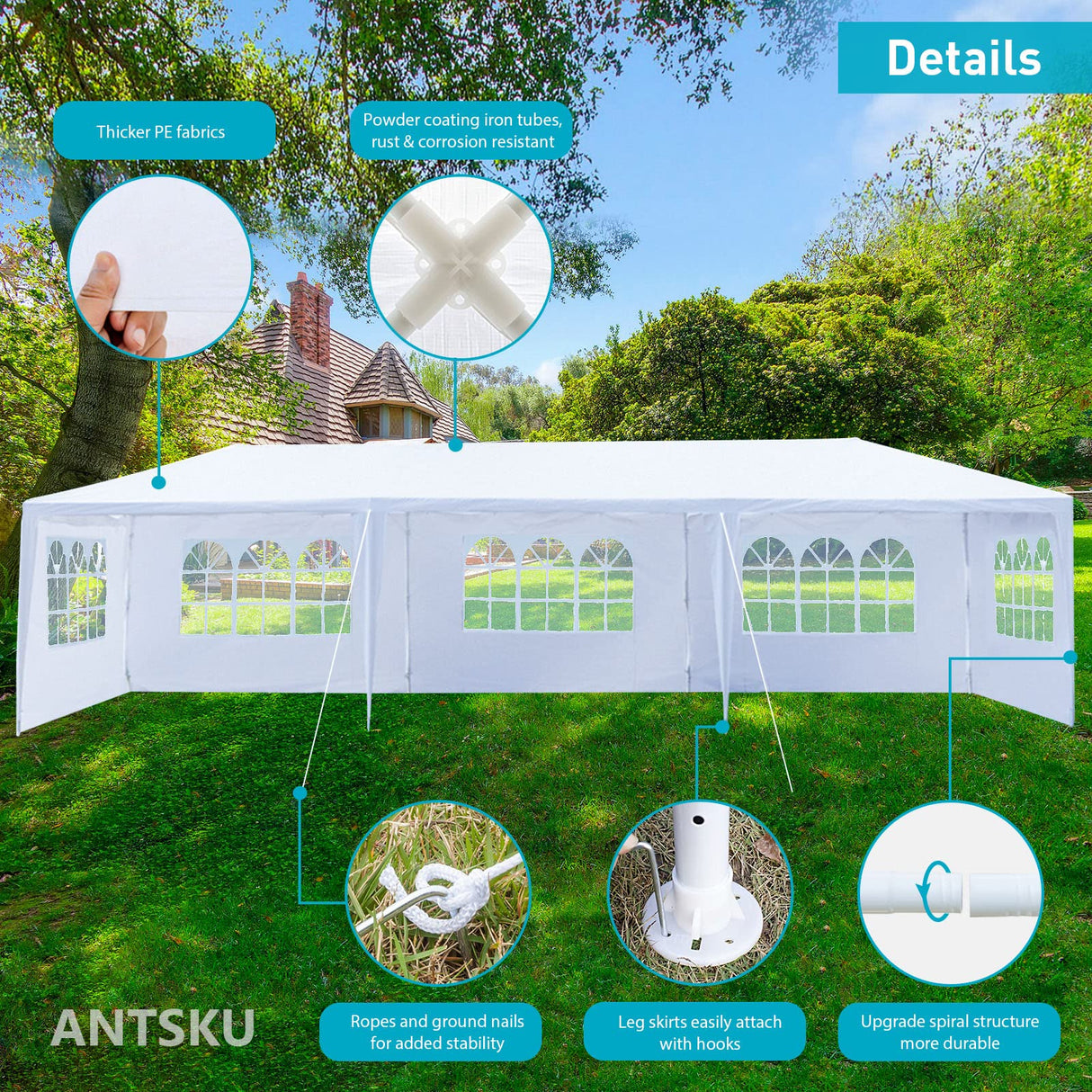 10x30 Party Tent, Outdoor Tents for Parties, White Wedding Tent, Event Tent, Large Canopy Tent with 5 Removable Sidewalls, Big Gazebo Tent for Backyard, Garden ANTSKU