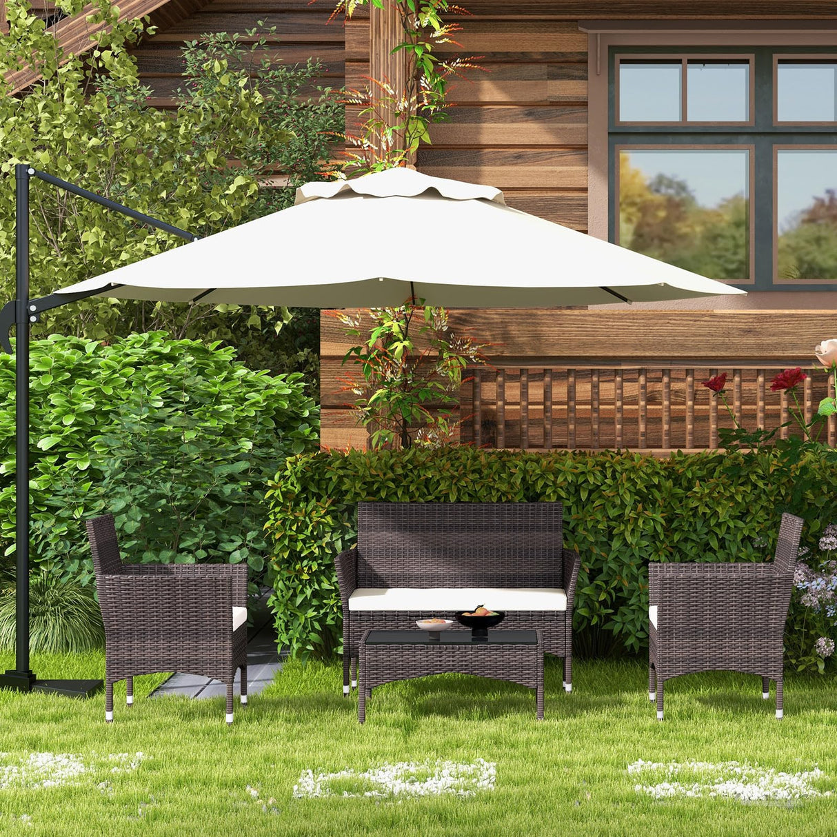 TINKLE WELL Outdoor Patio Furniture, 4 Pieces Rattan Chairs Wicker Conversation Set with Tempered Glass Table, Cushion, for Yard, Garden, Poolside, Porch, Bistro, Balcony, Brown and Beige TINKLE WELL