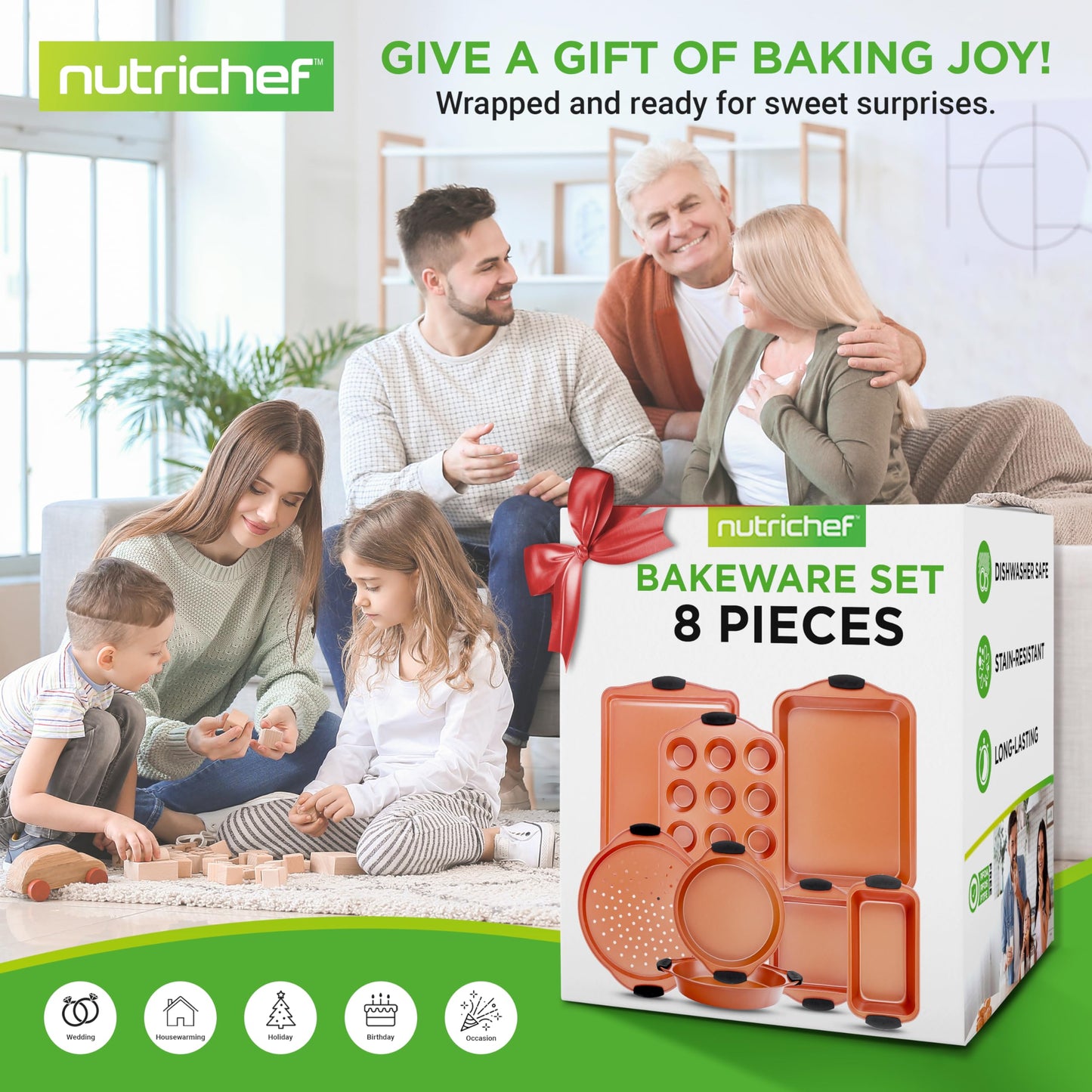 NutriChef 8 Piece Baking Pans Set - Nonstick Carbon Steel Bakeware Set w/ Silicone Heat-Safe Handles - Includes Loaf Pan, Muffin Pan, Cookie Sheets, Pizza Crisper, Roasting Pans - Copper