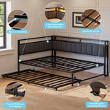 LIKIMIO Corner Twin Bed Frame with Trundle, Upholstered Storage Headboard & LED Lights, Twin Size Daybed with Charging Station, Sturdy Platform Metal Frame for Living Room, Bedroom, Guest Room, Gray LIKIMIO