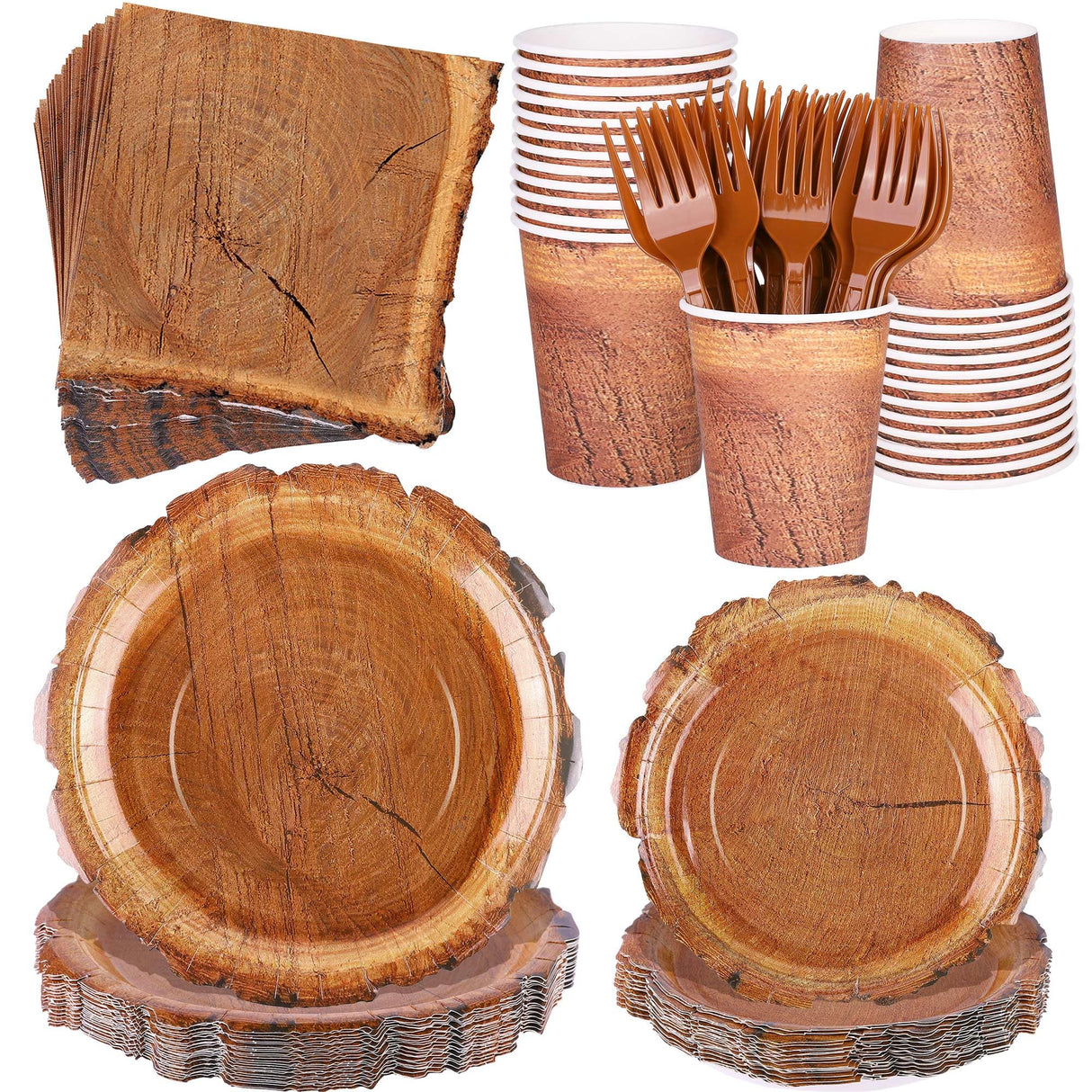 Kochorie 144 Pieces Camping Wood Grain Slice Tableware Sets Rustic Wood Party Decorations Paper Plates Napkins Cups Forks Serves 24 for Forest Themed Party Decorations Hunting Birthday Supplies Kochorie