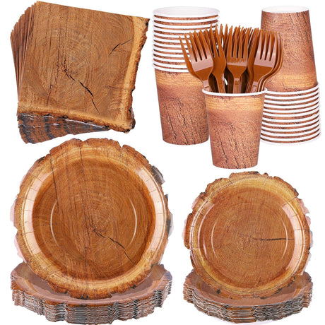 Kochorie 144 Pieces Camping Wood Grain Slice Tableware Sets Rustic Wood Party Decorations Paper Plates Napkins Cups Forks Serves 24 for Forest Themed Party Decorations Hunting Birthday Supplies Kochorie