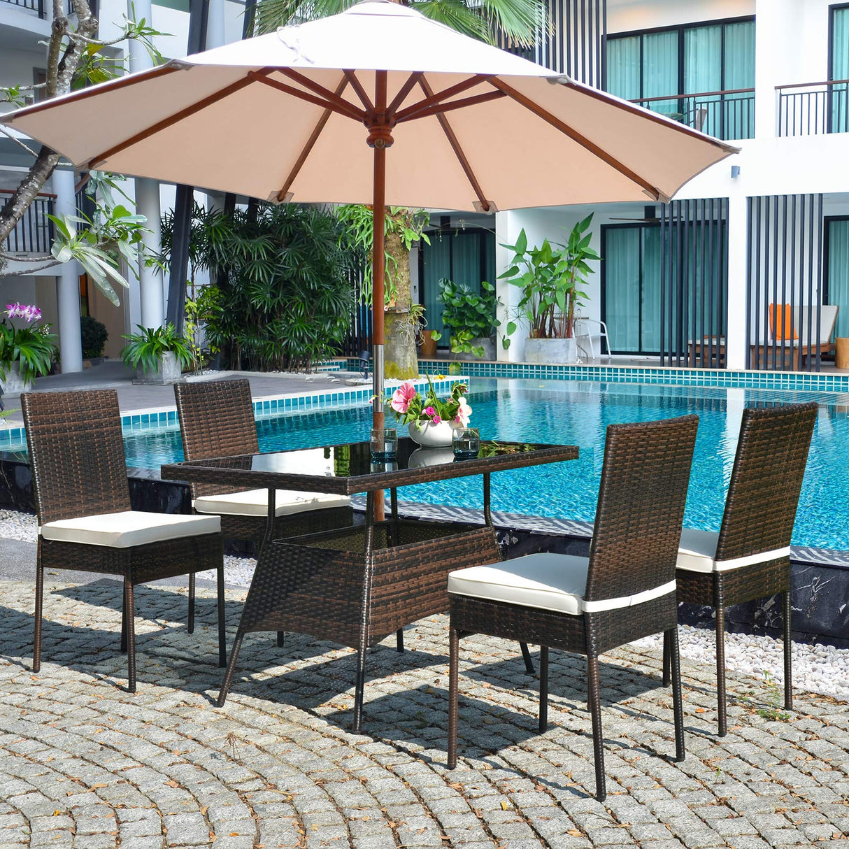 Tangkula 5 Piece Patio Wicker Dining Set, Outdoor Rattan Table and Chairs with w/Tempered Glass Table Top & Padded Cushions, Wicker Patio Conversation Furniture Set for Balcony Patio Garden Poolside Tangkula