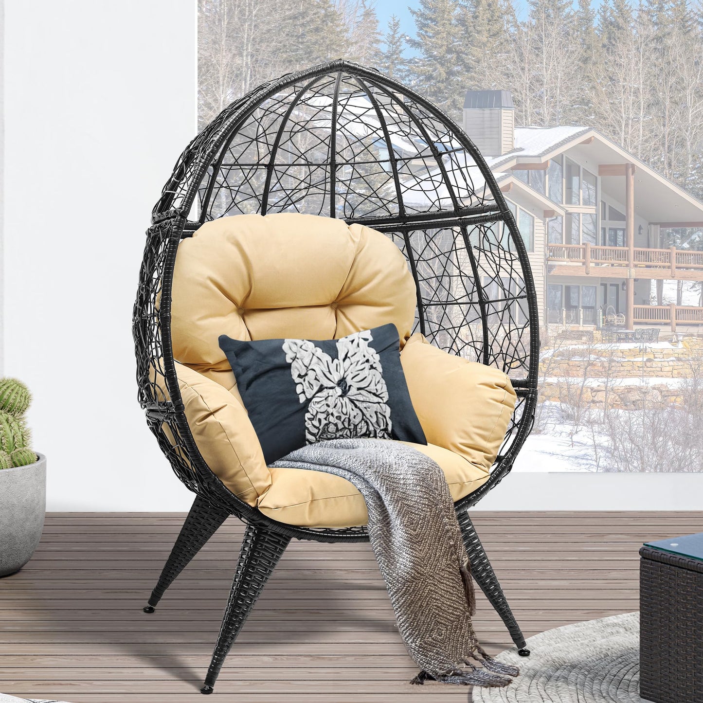 YITAHOME Egg Chair Wicker Outdoor Indoor Oversized Large Lounger with Stand Adjustable Leveling Feet with Cushion Egg Basket Chair 350lbs Capacity for Patio, Garden Backyard Balcony, Bedroom, Beige