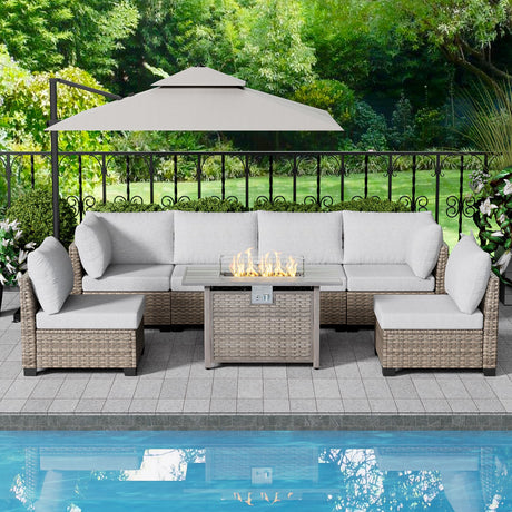 SUNPEAK Patio Furniture Set Q01 Series Sofa 7 Pieces Outdoor Furniture Set Sectional Couch with Fire Pit Table Balcony Furniture Patio Table and Chairs Set with Propane Fire Pit SUNPEAK