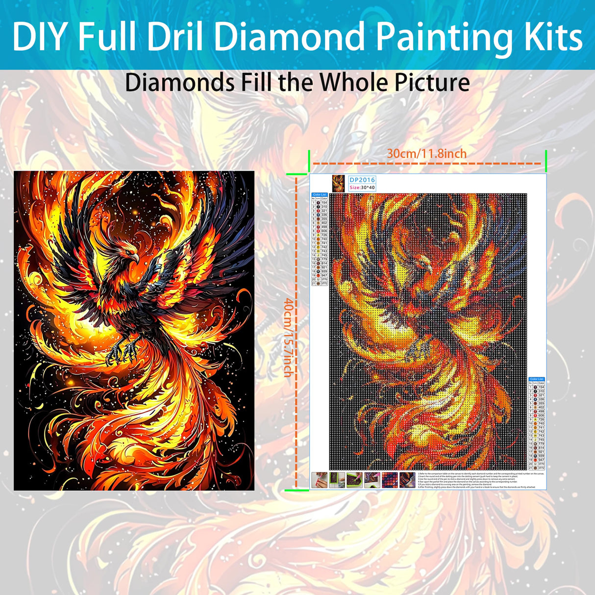 Phoenix Diamond Painting Kits for Adults,Fire Phoenix Diamond Art Kits for Beginners, 5D DIY Full Round Drill Diamond Painting gem Art for Adults, Home Wall Decor 12 x 16 Inch Generic