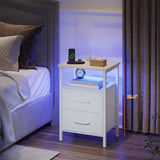TRIFEBLE Nightstands Set of 2, Night Stand with Charging Station and Led Lights, Bedside Table with 2 Fabric Drawers for Bedroom, Small Side End Table with Open Shelf, White TRIFEBLE