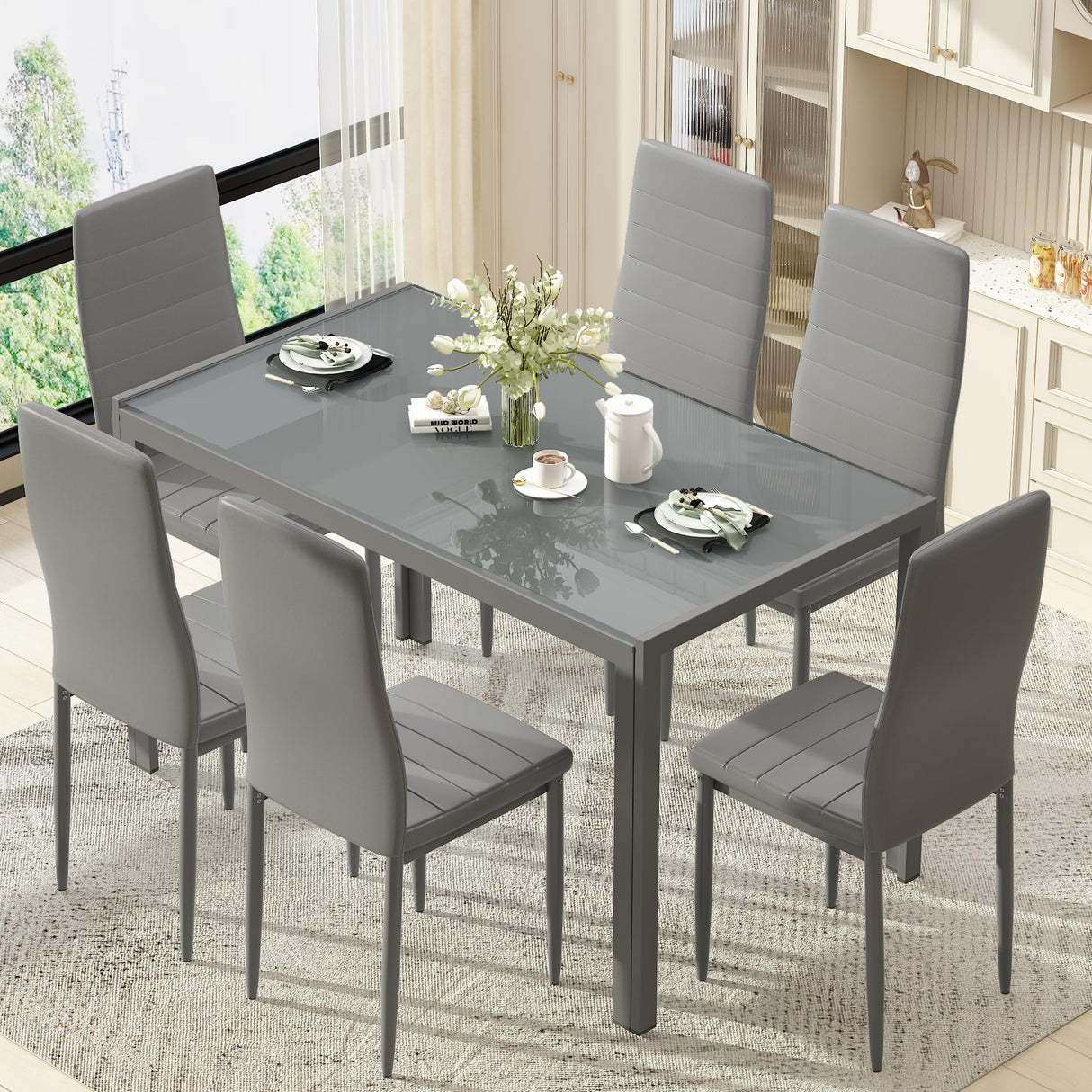 DKLGG 7-Piece Dining Table Set for 6, Tempered Glass Kitchen Table with PU Leather Chairs, Modern Dining Room Table Set for Small Space, Dinette, Apartment, Grey DKLGG