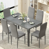DKLGG 7-Piece Dining Table Set for 6, Tempered Glass Kitchen Table with PU Leather Chairs, Modern Dining Room Table Set for Small Space, Dinette, Apartment, Grey DKLGG