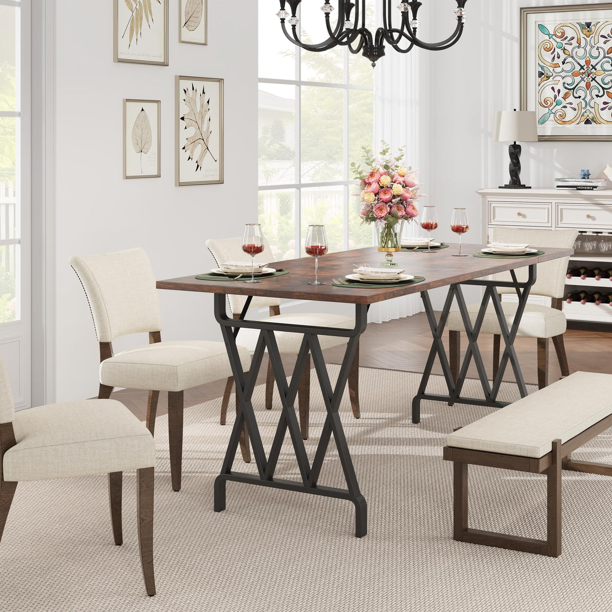 IDEALHOUSE Rectangular Dining Table, 70.9-Inch Long Dining Table for 6 People, Farmhouse Rustic Kitchen Table with Heavy Duty Metal Legs for Dining Room IDEALHOUSE