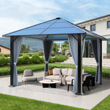 Raysfung 10'x10' Hardtop Gazebo, Outdoor Polycarbonate Roof Gazebo Metal Frame Permanent Pavilion with Netting & Curtains for Garden, Patio, Lawns(Grey) Raysfung