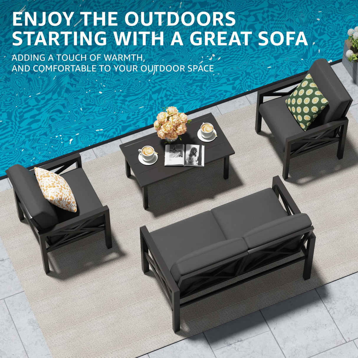 NATURAL EXPRESSIONS Outdoor Patio Furniture 4 Pieces Set, Modern Patio Conversation Sets, Outdoor Sectional Metal Sofa with 5.5 Inch Cushion and Coffee Table,Black NATURAL EXPRESSIONS