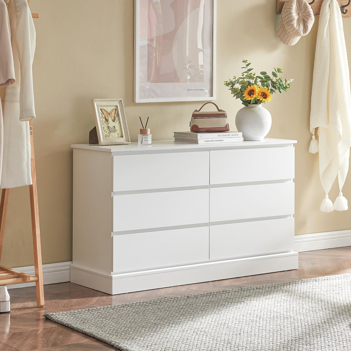 Alaxgumrol White Bedroom Dresser Modern 6 Drawers Dressers Wood Organizer Wide Dresser & Chest of Drawers Storage for Living Room, Entryway, Hallway Alaxgumrol