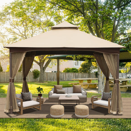 Domi 10'x13' Gazebo, Outdoor Gazebo with Mosquito Netting, Metal Frame Double Roof Soft Top Patio Gazebo Canopy Tent for Deck Backyard Garden Lawns Khaki domi outdoor living