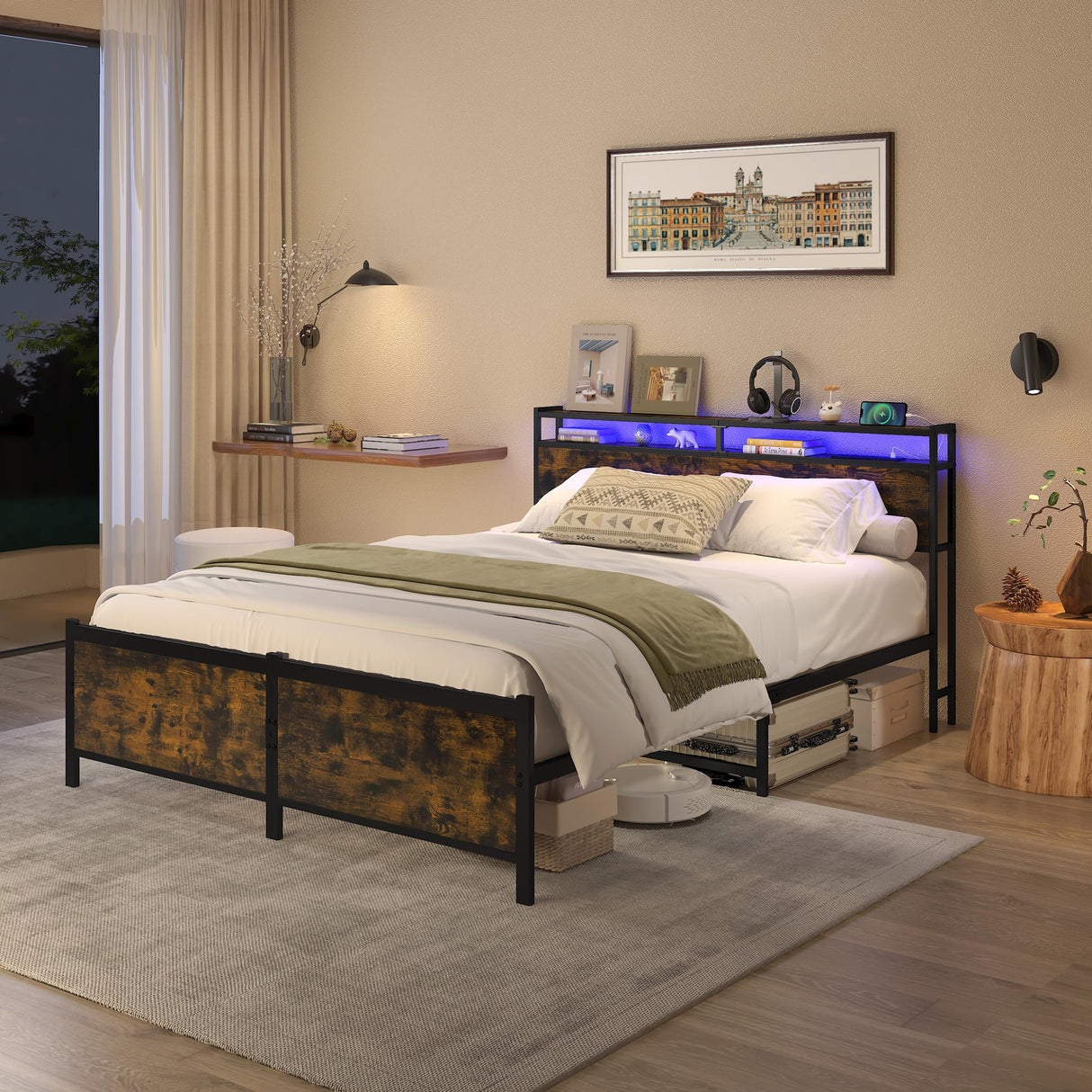 Bellemave Full Size Bed Frame with Charging, Full Size Bed Frame with Headboard and Charging Station, Brown Platform Bed Frame with Led Lightstation, No Box Spring Needed, (Full, Rustic Brown) Bellemave