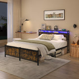 Bellemave Full Size Bed Frame with Charging, Full Size Bed Frame with Headboard and Charging Station, Brown Platform Bed Frame with Led Lightstation, No Box Spring Needed, (Full, Rustic Brown) Bellemave