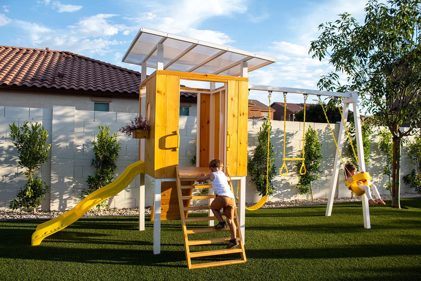 Avenlur Modern Outdoor Backyard Swing Set Children's Rock Climbing Wood Playground Playset 2 Belt Swings, Clubhouse Fort, Windows, Ladder, Wavy Slide Toddlers, Kids Climbers Play Adventure Ro - WoodArtSupply