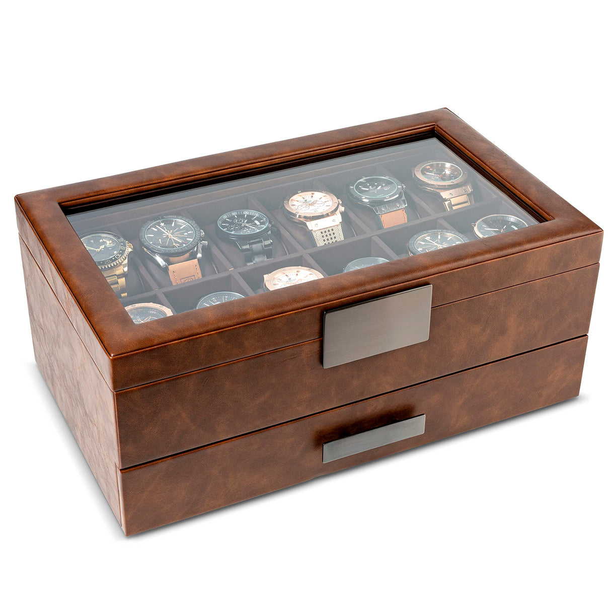Glenor Co Watch Box with Valet Drawer for Men - 12 Slot Luxury Case Display Watch Organizer, Metal Buckle for Mens Jewelry Watches, Men's Storage Boxes Holder has Large Glass Top - PU Leather Brown Glenor Co
