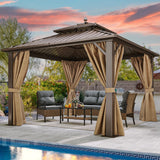 YITAHOME 10x10ft Hardtop Gazebo with Nettings and Curtains, Heavy Duty Double Roof Galvanized Steel Outdoor Combined of Horizontal Vertical Stripes Roof for Patio, Backyard, Deck, Lawn (Bronze) YITAHOME