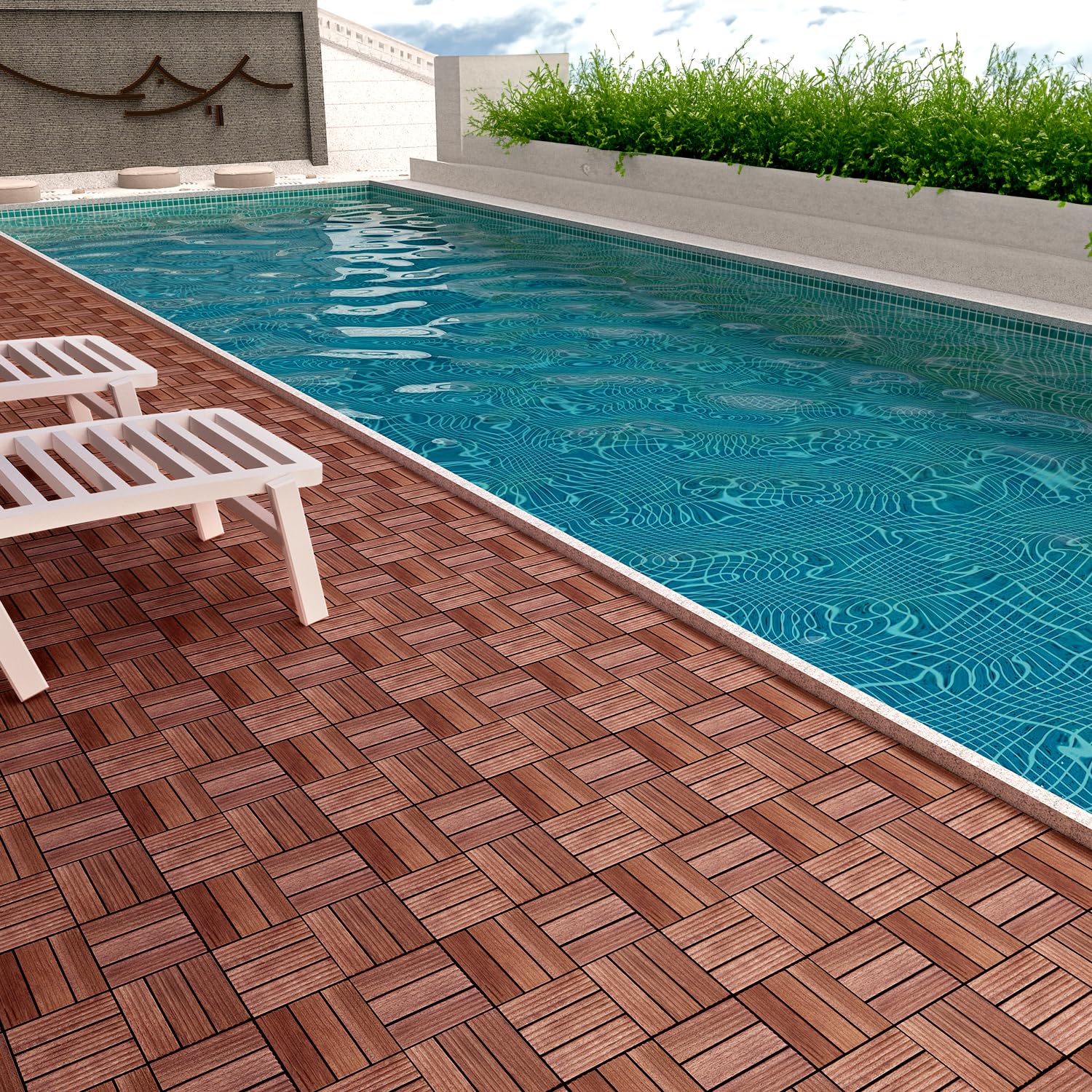 TimberWave Pack of 10 Deck Tiles, Solid Acacia Wood Floor Tiles, Patio Tiles Outdoor Interlocking Waterproof All Weather, with Grooves Decrease Skidding (10, Dark Brown, 12" x 12" - 12 Slat) - WoodArtSupply