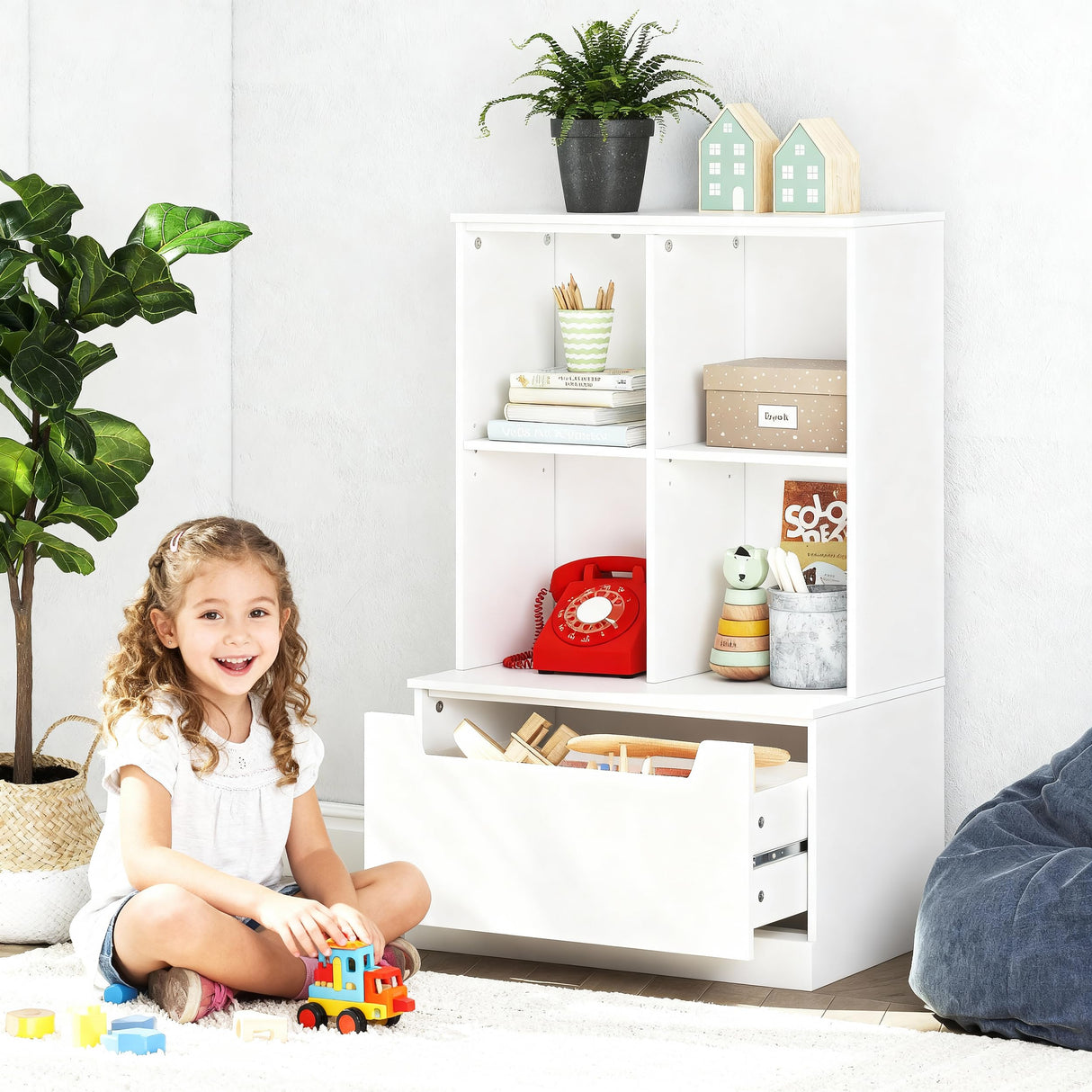 UTEX Kids Bookshelf and Toy Storage Organizer, Toddlers Bookcase with Cubbies, Adjustable Wood Shelf with Drawer for Bedroom, Playroom, Nursery, White UTEX