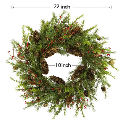 AMF0RESJ 22 inch Artificial Christmas Wreath Winter Wreath with Big pinecones,Pine Needles for Indoor Outdoor Farmhouse Home Wall Window Festival Wedding Decor