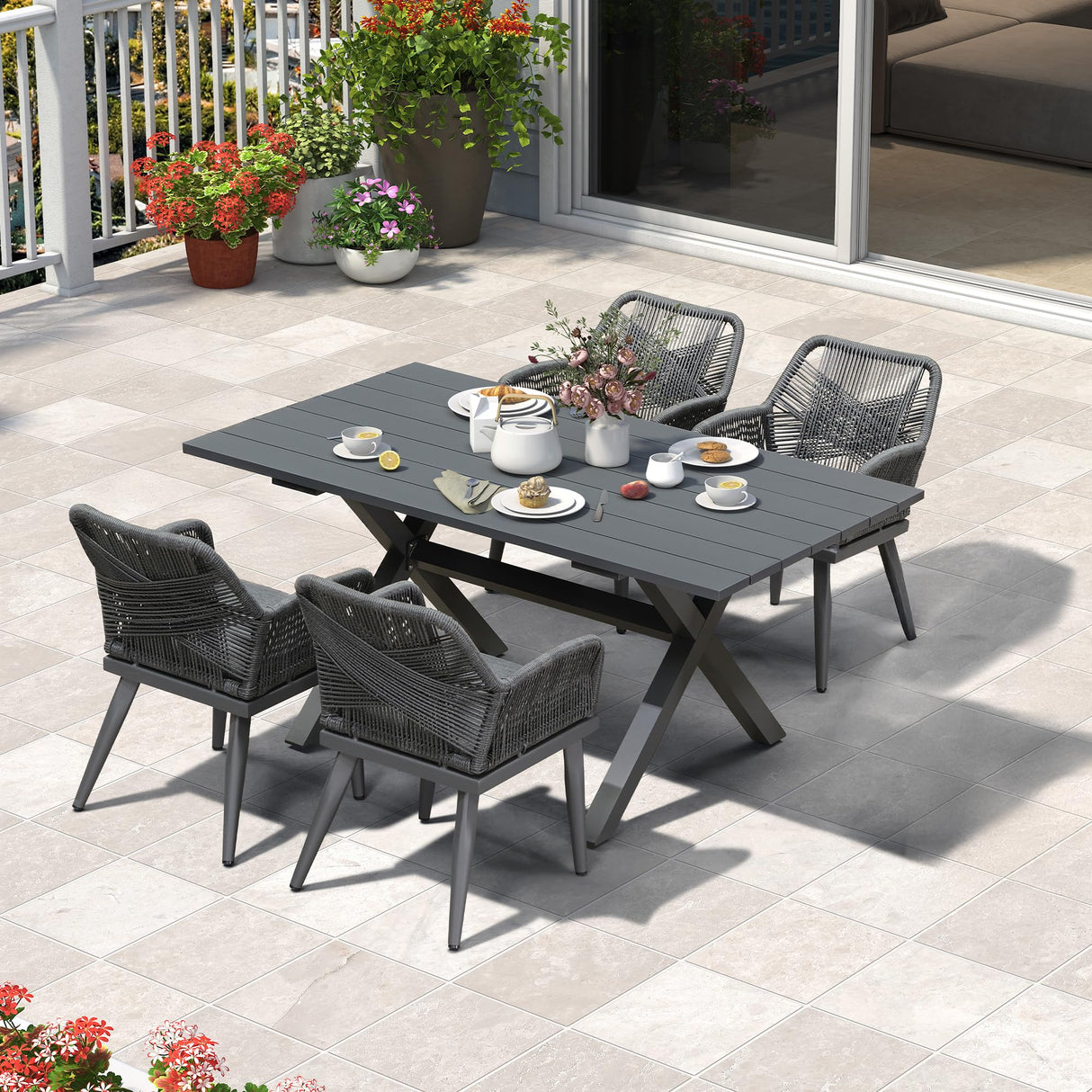 PURPLE LEAF 5 Pieces Outdoor Dining Set All-Weather PE Rattan Outdoor Patio Furniture Set with All Aluminum Frame Rectangular Table and Chairs Set for Lawn Garden Backyard Deck, Grey PURPLE LEAF