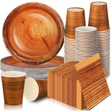 Skylety 200 Pcs Rustic Wood Grain Paper Plates Camping Party Tableware Set Disposable Fall Plate Cup Napkin Hunting Birthday Party Decorations Woodland Party Dinnerware Serve 50 Guests Skylety