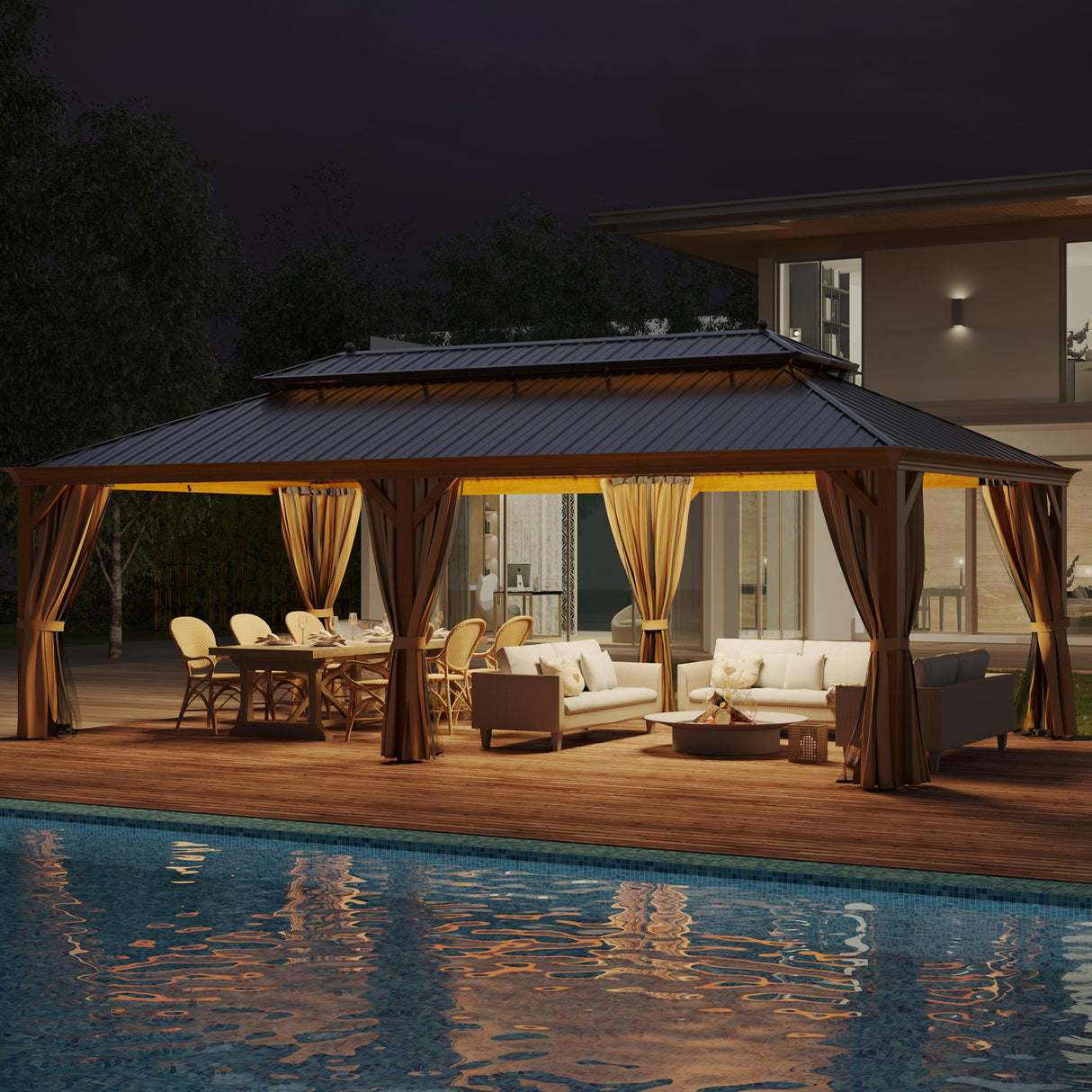 GAZEBEST 14' X 24' Permanent Hardtop Gazebo, Outdoor Galvanized Steel Double Roof Pavilion Pergola Canopy Wood-Looking with Aluminum Frame and Privacy Curtains for Garden,Patio Backyard,Deck and Lawns GAZEBEST