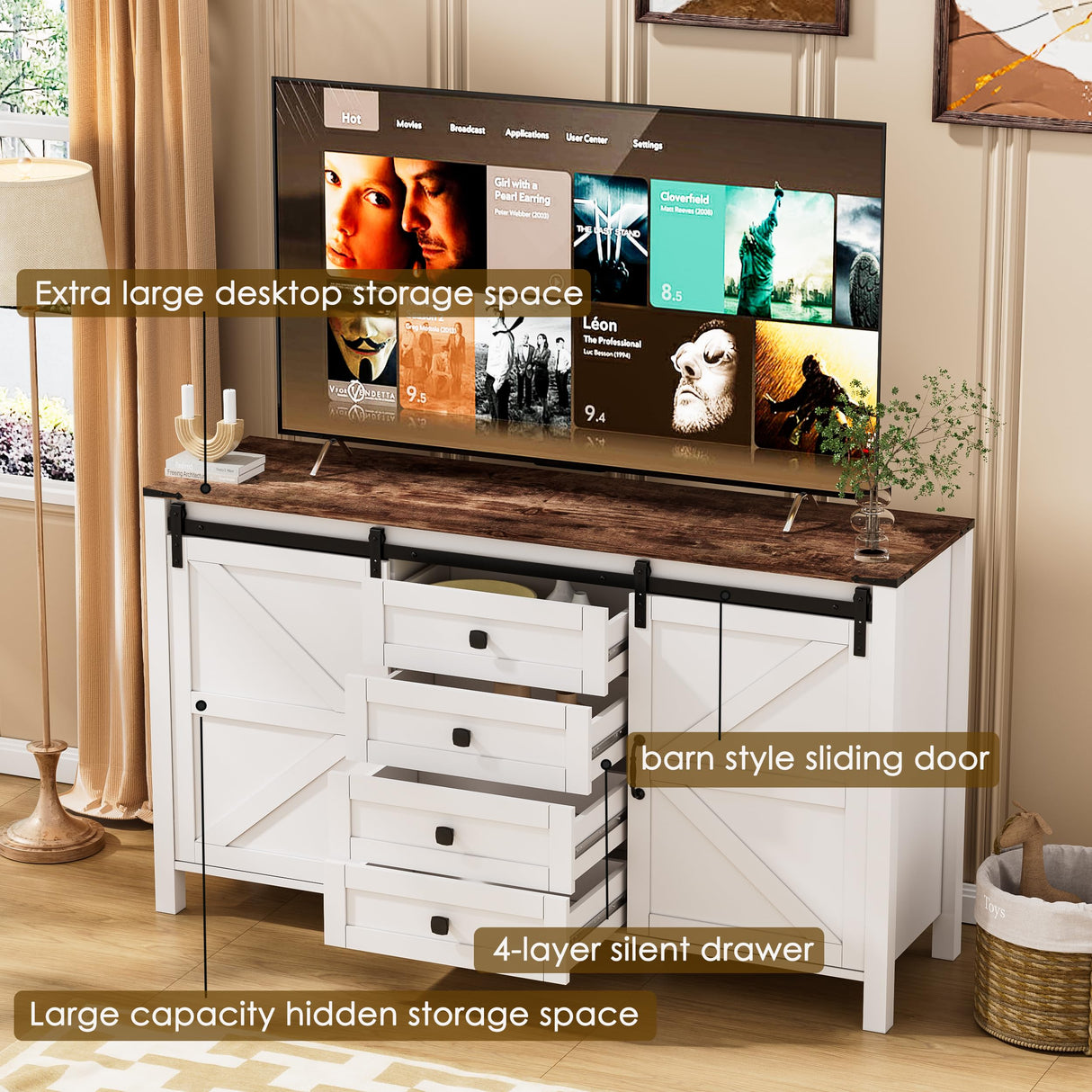 PAKASEPT Farmhouse Dresser Chests for Bedroom, Sliding Barn Doors TV Stand, Tall Wide Wood Country Rustic Chest of Drawers, Wood Storage Dressers for Living Room Hallway Entryway PAKASEPT