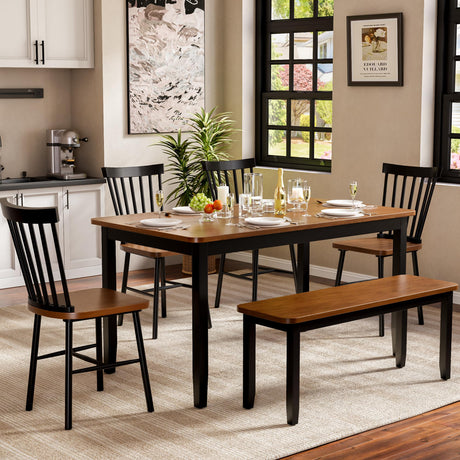 JUMMICO Solid Wood 6 Piece Dining Table Set, Modern 58"/W Kitchen Table Set for 6 with 4 Windsor Chairs & 1 Bench, Kitchen & Dining Room Sets for Kitchen, Restaurant (Brown & Black) JUMMICO
