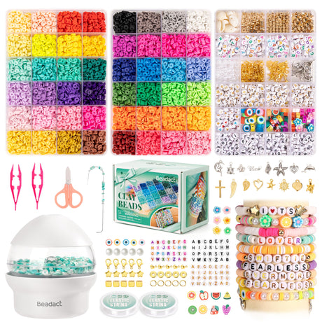 Beadact Clay Beads Bracelet Making Kit - 3 Boxes 48 Colors Clay Beads and 3 Types Letter Beads with Bead Spinner, Complete Friendship Bracelet Making Kit, Crafts Gift for Girls Ages 6-12 Beadact